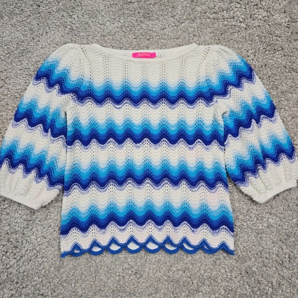 Lilly Pulitzer Navana Sweater Womens Medium‎ 1/2 Sleeve Crochet Wave Stripe - Picture 1 of 11